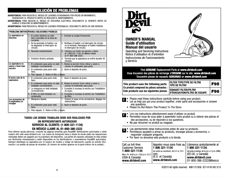 Page 1 de la notice Manuel utilisateur Dirt Devil Featherlite SD40120