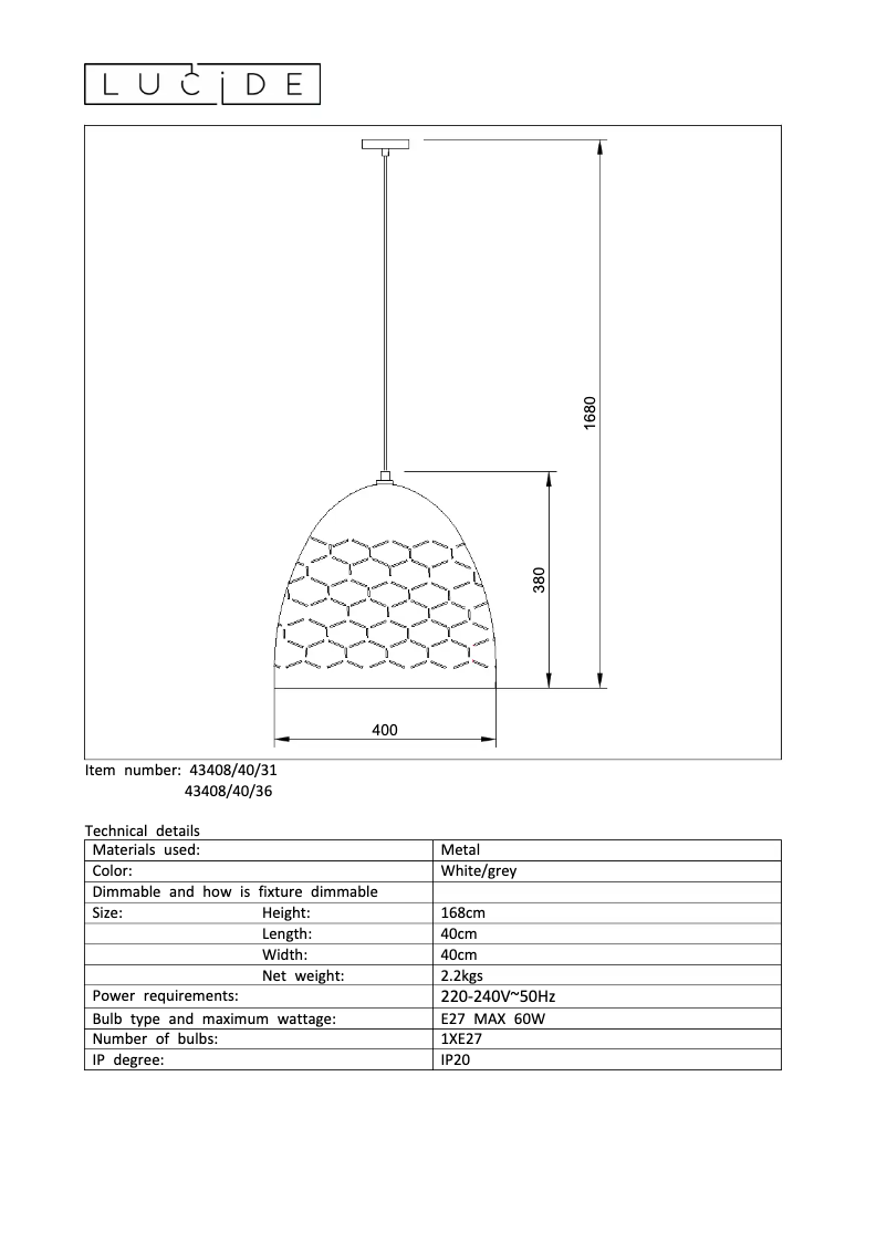 Page 1 de la notice Manuel utilisateur Lucide Galla 43408/40/36