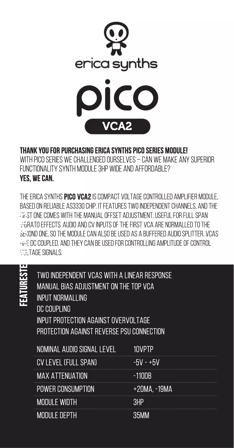 Page 1 de la notice Manuel utilisateur Erica Synths Pico VCA2