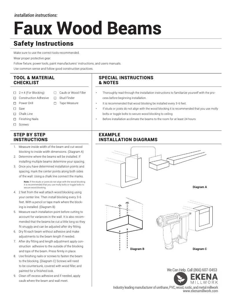 Page 1 de la notice Guide d'installation Ekena Millwork Faux Wood Beams