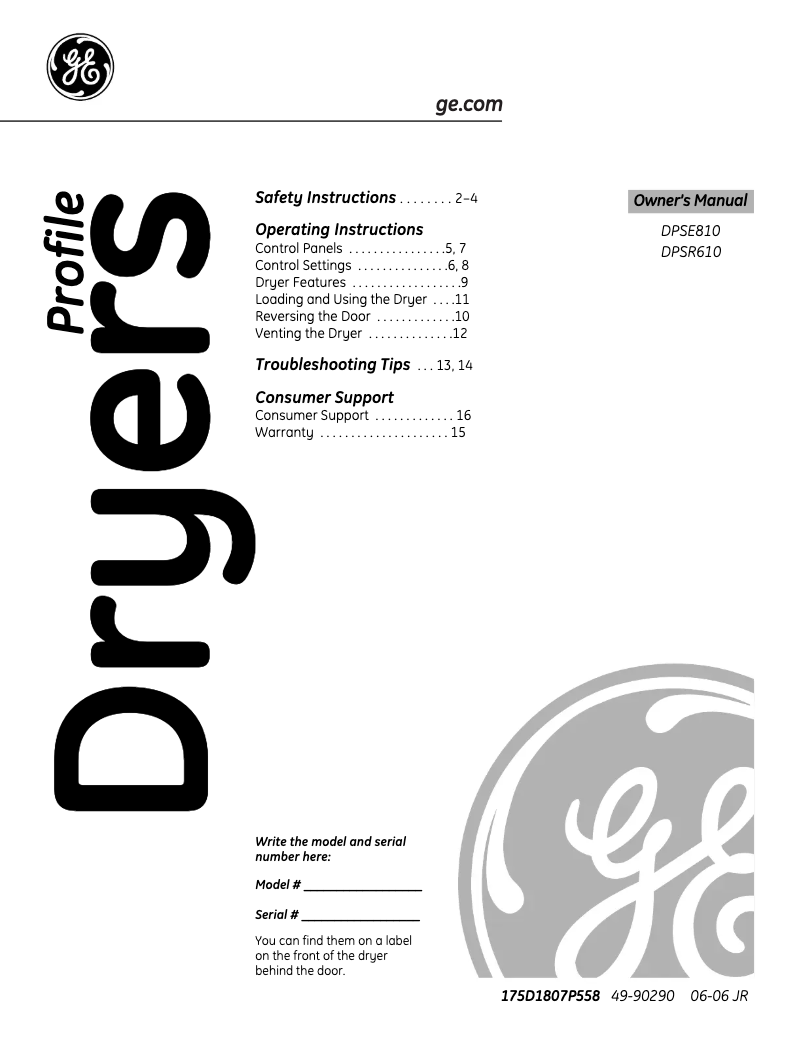 Page n°1 - Manuel d'utilisation et d'entretien GE Profile DPSE810EGWT