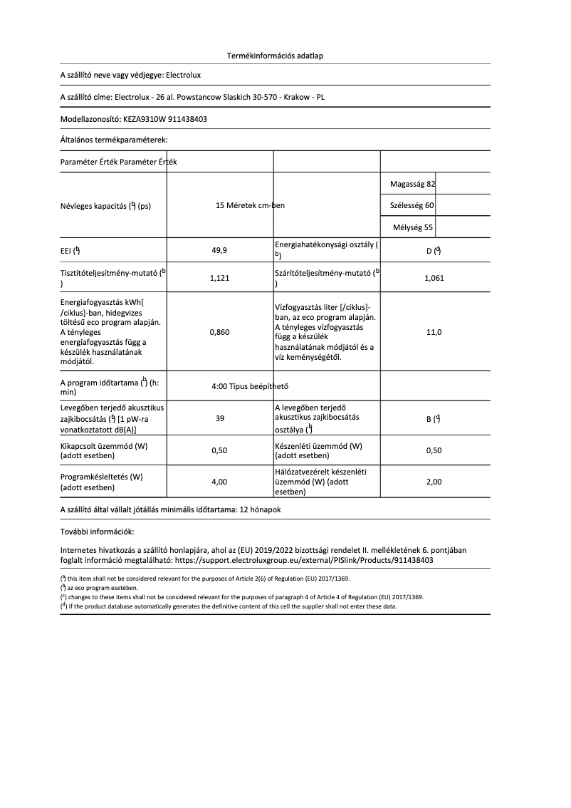 Page 1 de la notice Fiche technique Electrolux KEZA9310W