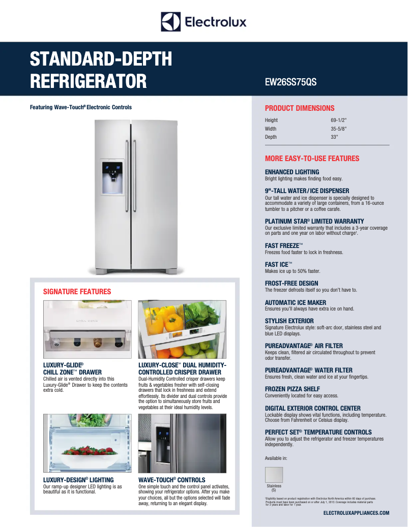 Page 1 de la notice Fiche technique Electrolux EW26SS75QS