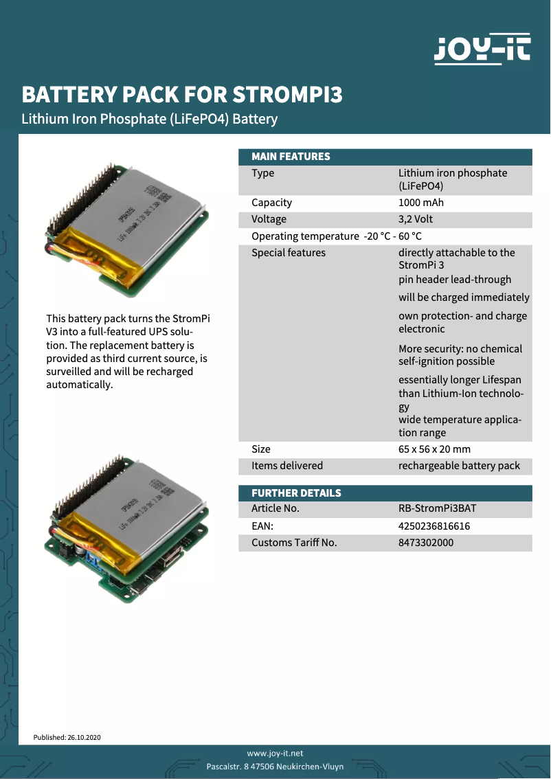 Page n°1 - Fiche technique Joy-It RB-StromPI3BAT