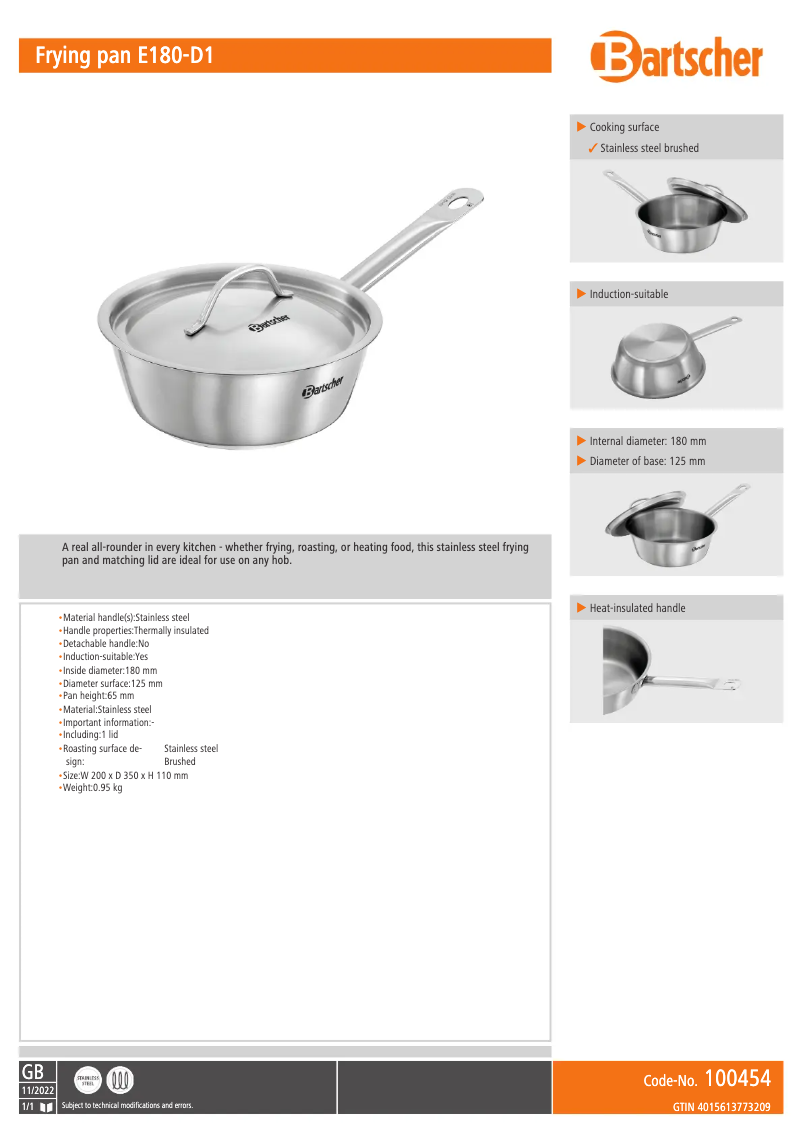 Page 1 de la notice Fiche technique Bartscher E180-D1