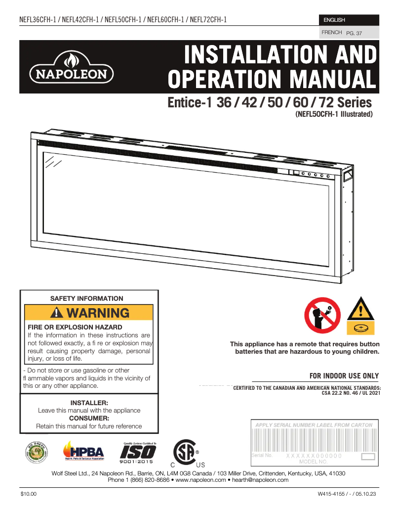 Page 1 de la notice Manuel utilisateur Napoleon Entice NEFL36CFH-1