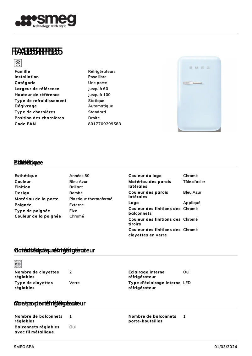 Page 1 de la notice Fiche technique Smeg FAB5RPB5