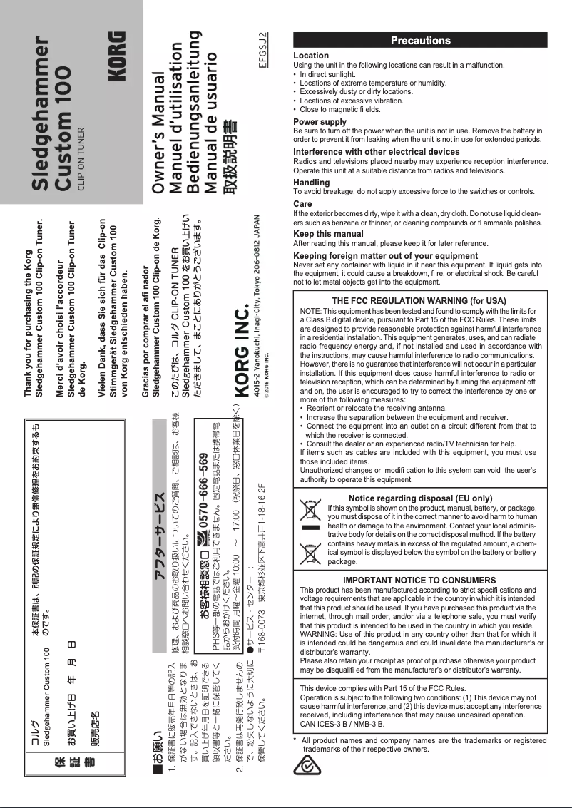 Page 1 de la notice Manuel utilisateur Korg Sledgehammer Custom 100