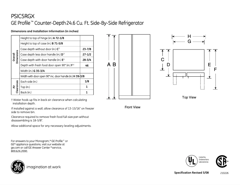 Page 1 de la notice Fiche technique GE Profile PSIC5RGXBV