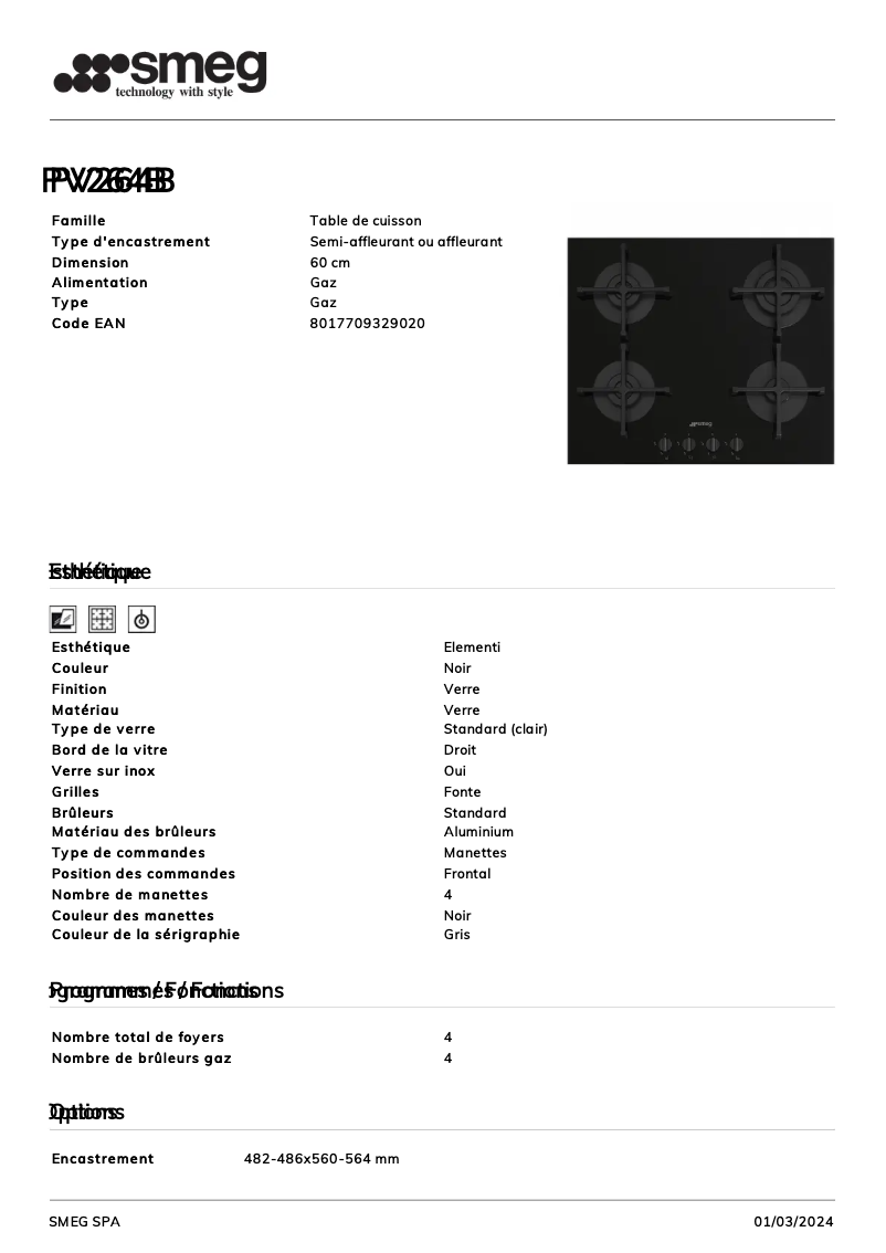 Page 1 de la notice Fiche technique Smeg PV264B