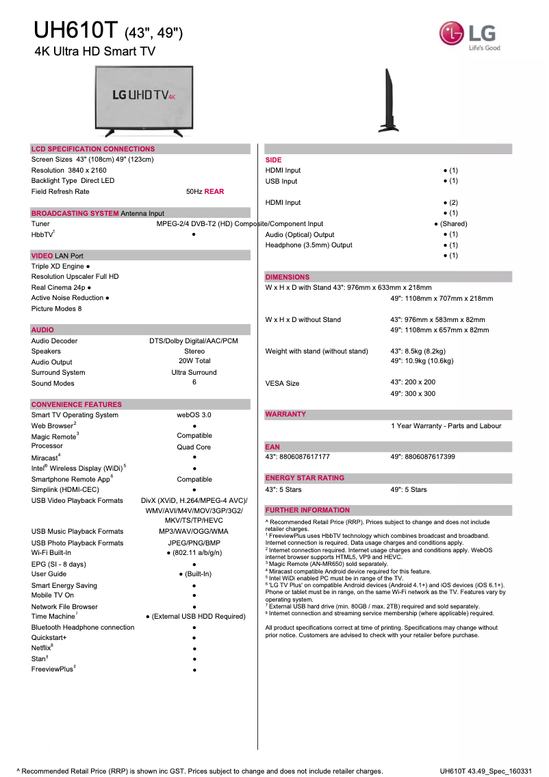 Página 1 del manual Ficha técnica LG 43UH610T