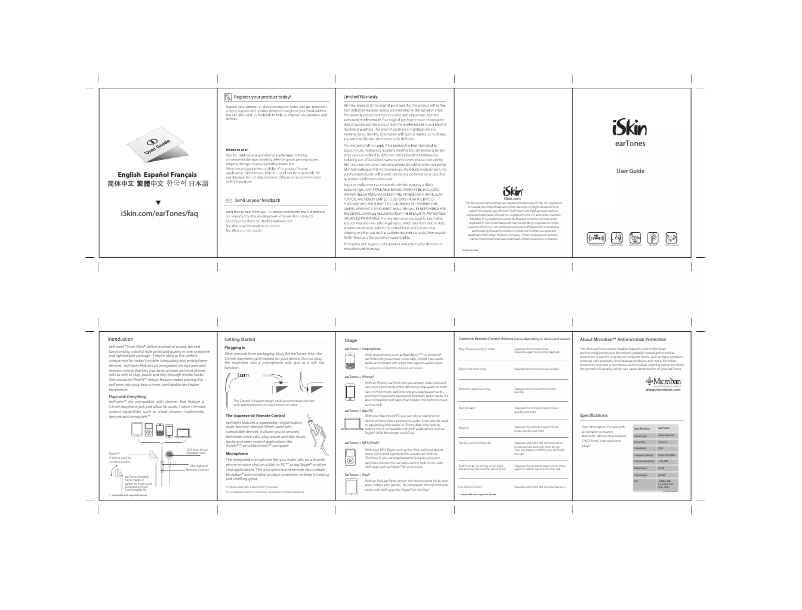 Page 1 de la notice Manuel utilisateur iSkin earTones