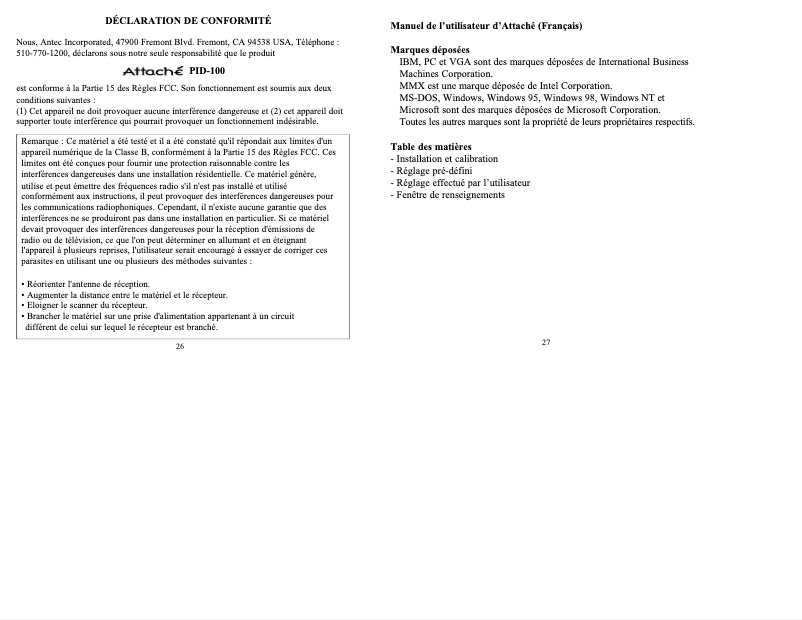 Page n°1 - Manuel utilisateur Antec Attache PID-100