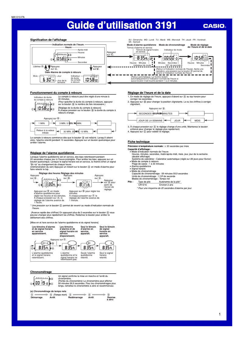 Page 1 de la notice Manuel utilisateur Casio LA670WEGL-9EF