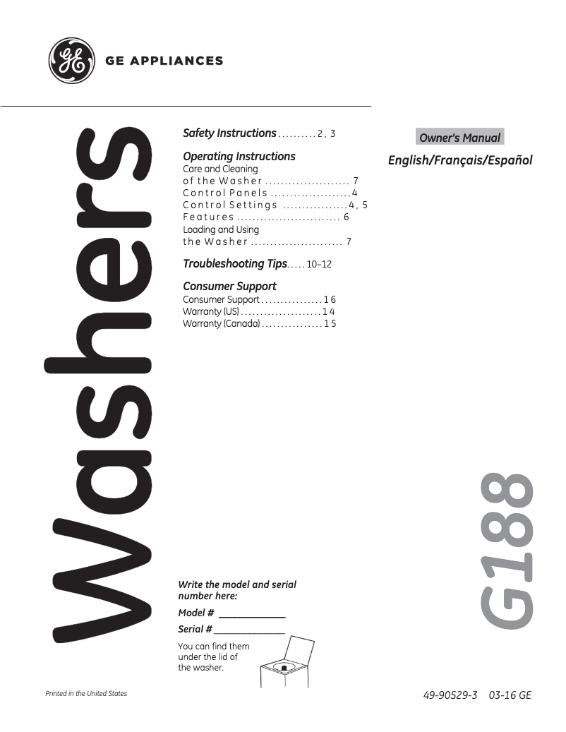 Page 1 de la notice Manuel d'utilisation et d'entretien GE GTWP1800DWW