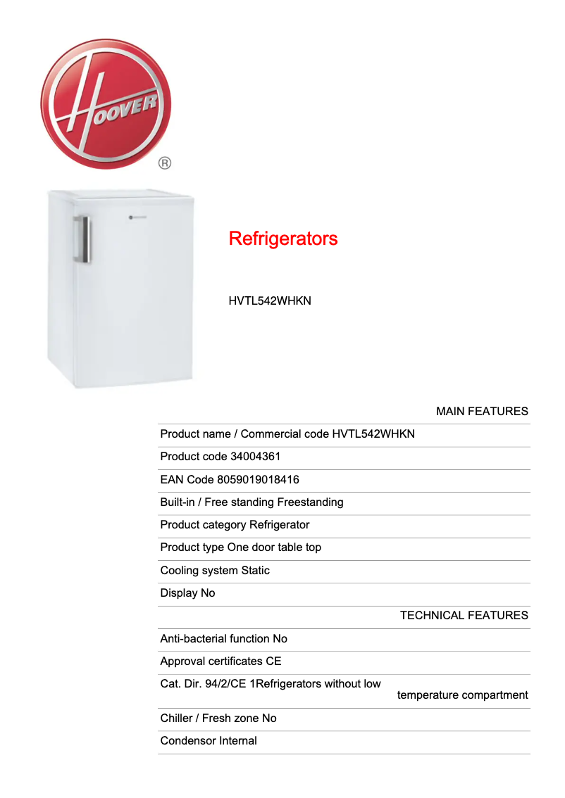 Page n°1 - Fiche technique Hoover HVTL542WHKN