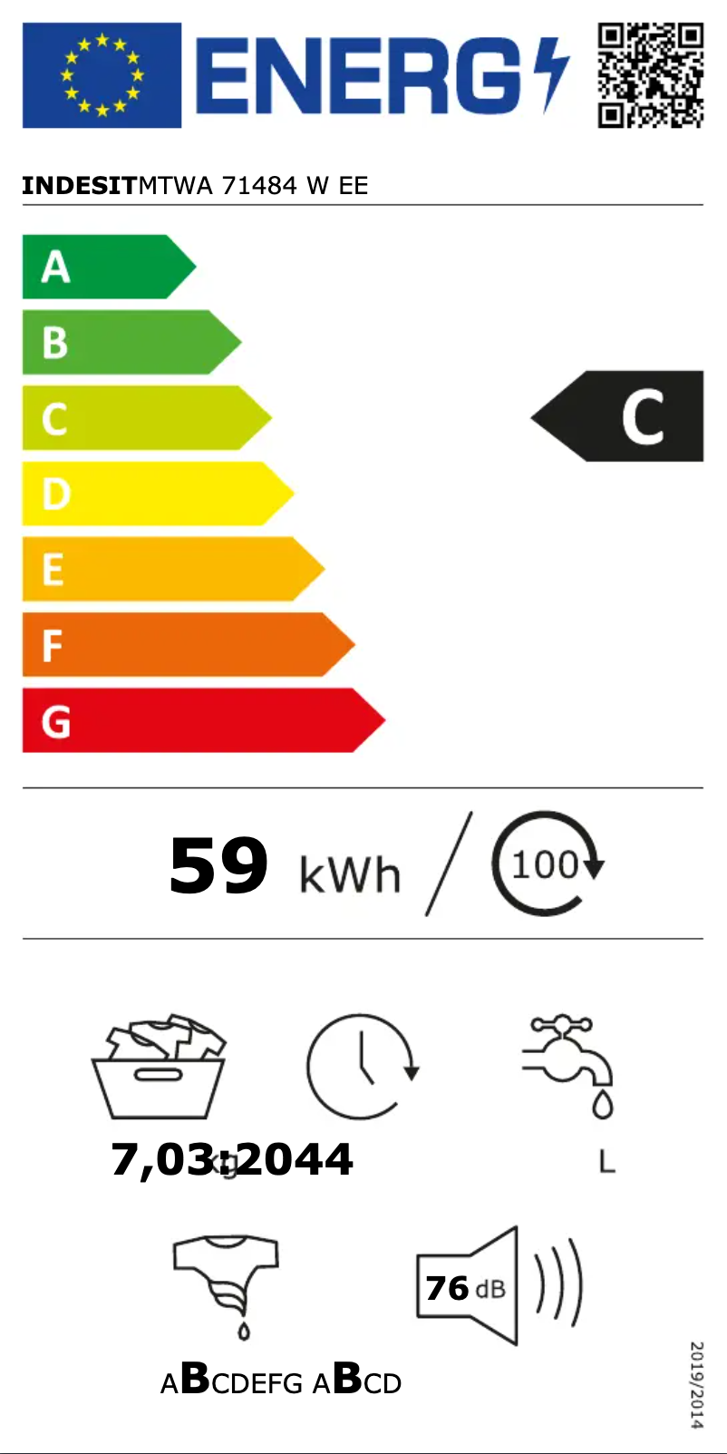 Page 1 de la notice Label énergétique Indesit MTWA 71484 W EE