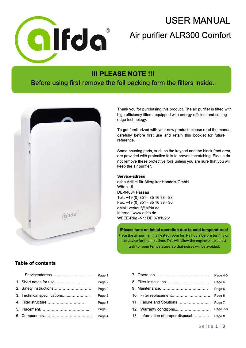 Image de la première page du manuel de l'appareil ALR300 Comfort