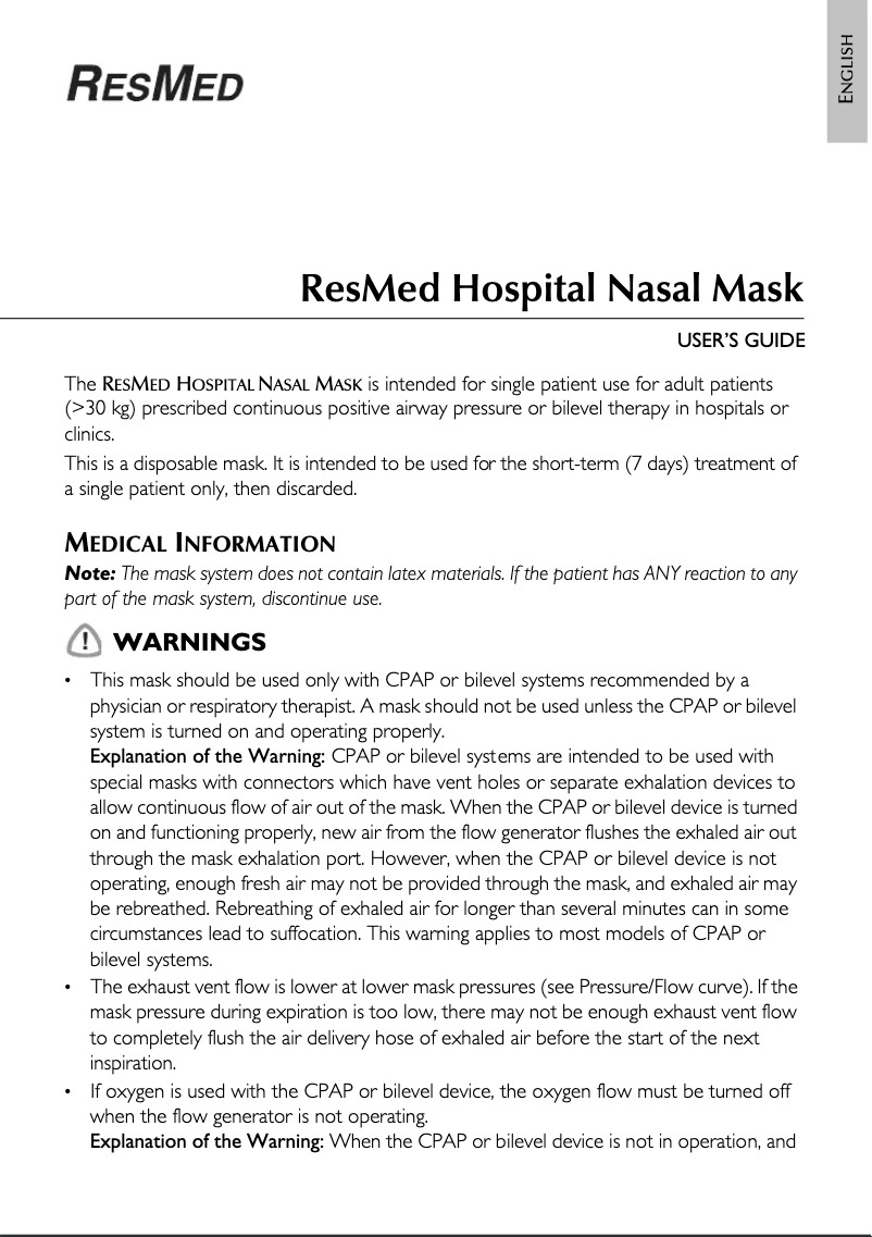 Page n°1 - Manuel utilisateur ResMed Hospital Nasal Mask