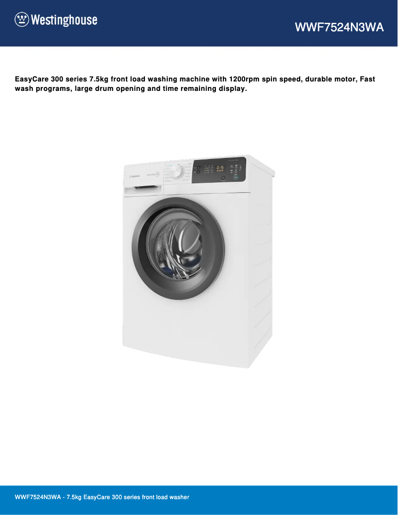 Page 1 de la notice Fiche technique Westinghouse WWF7524N3WA