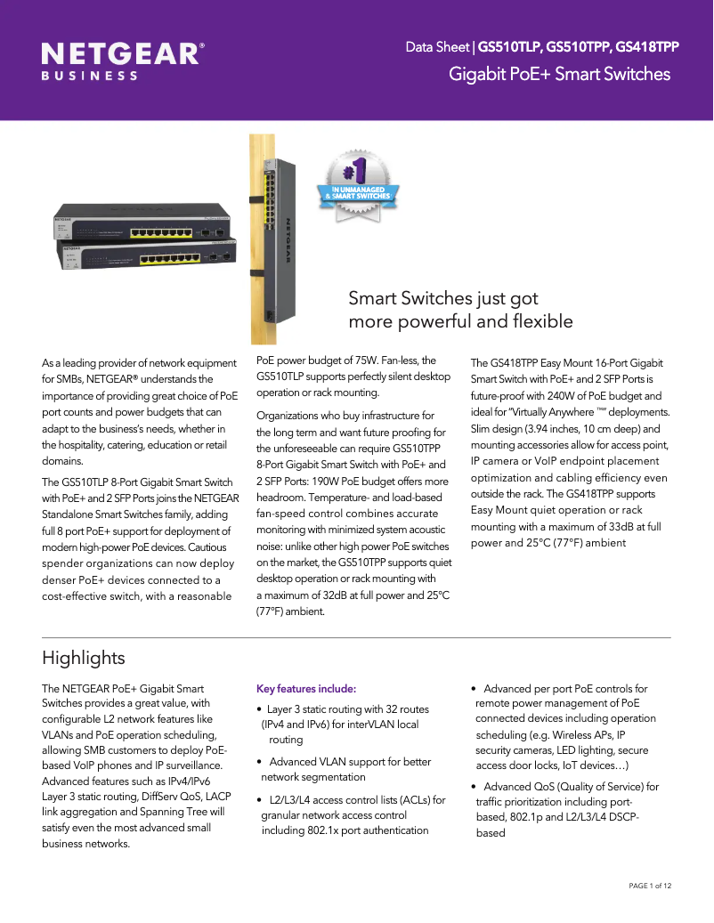 Page n°1 - Fiche technique Netgear ProSafe GS510TLP