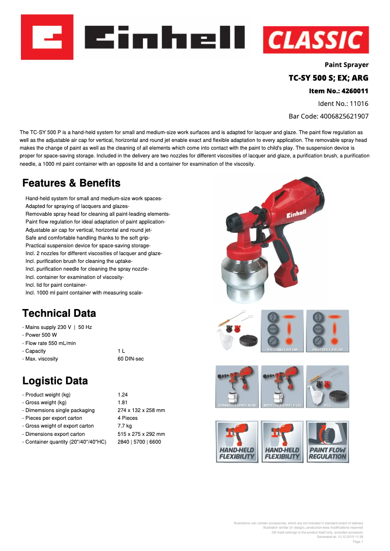 Page 1 de la notice Fiche technique Einhell TC-SY 500 S