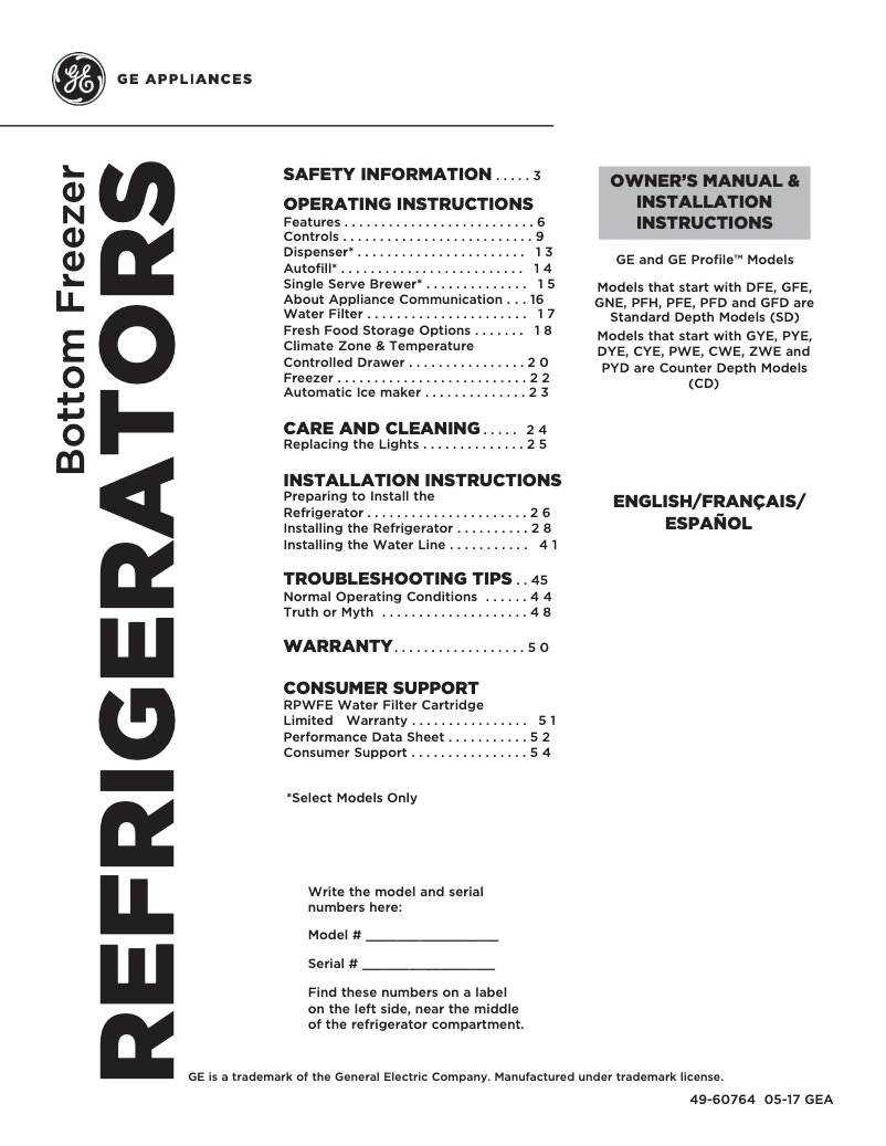 Page 1 de la notice Informations de garantie GE Profile PYE22KBLTS