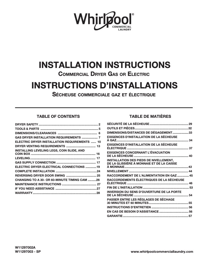 Page n°1 - Guide d'installation Whirlpool CGM2795JQ