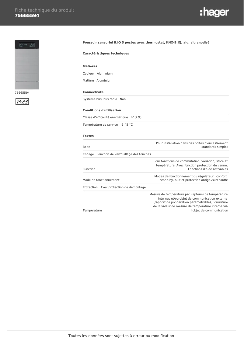 Page 1 de la notice Fiche technique Hager 75665594