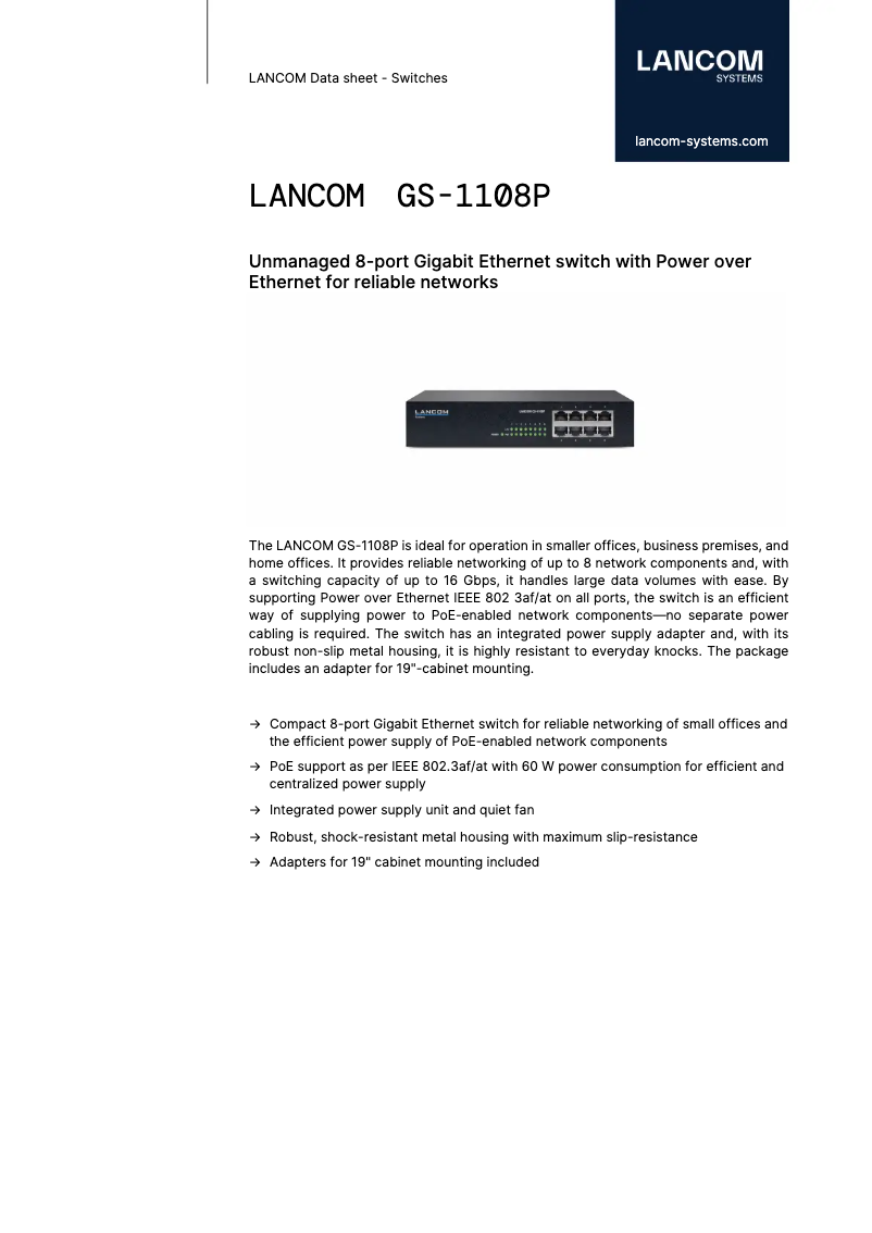 Page n°1 - Fiche technique Lancom GS-1108P