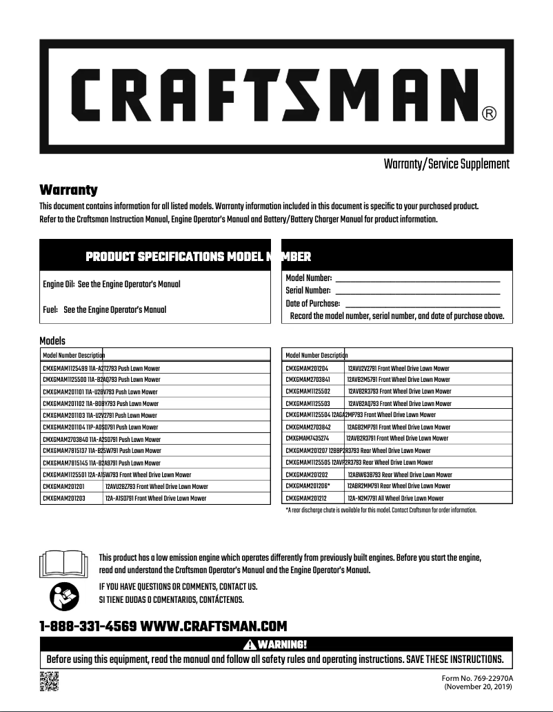 Page n°1 - Manuel utilisateur Craftsman CMXGMAM1125503