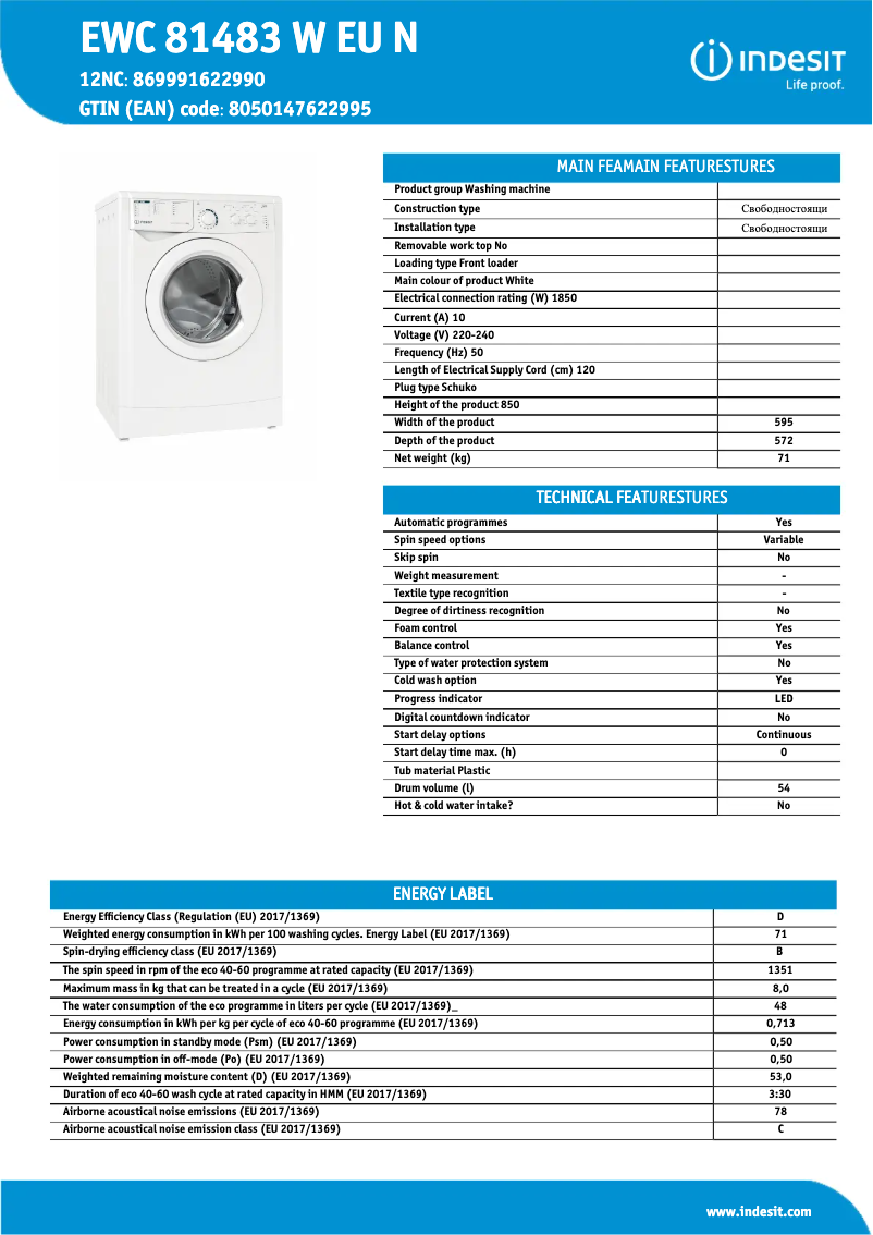 Page 1 de la notice Fiche technique Indesit EWC 81483 W EU N