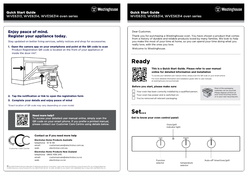 Page 1 de la notice Guide de démarrage rapide Westinghouse WVE6313SDA