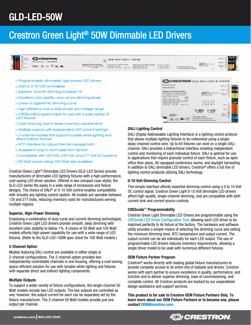 Page 1 de la notice Manuel utilisateur Crestron GLD-DALI-LED-L-2X50W