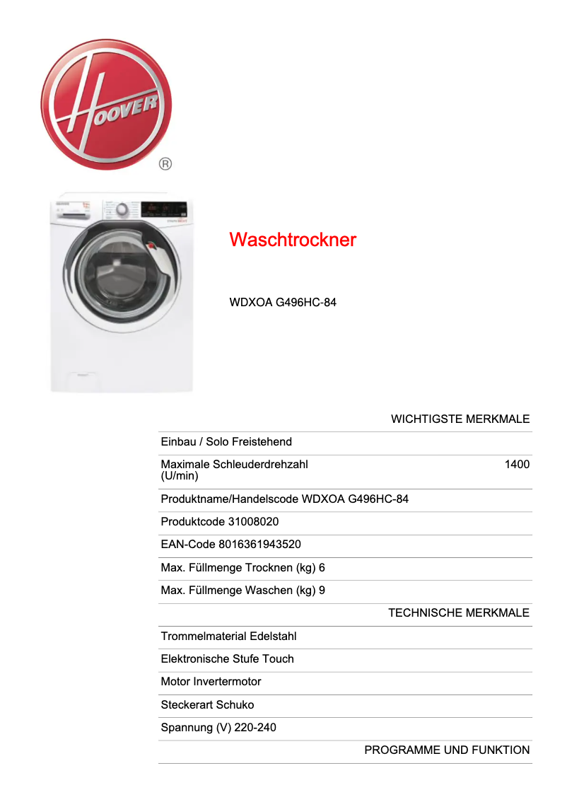 Page n°1 - Manuel utilisateur Hoover WDXOA G496HC-84