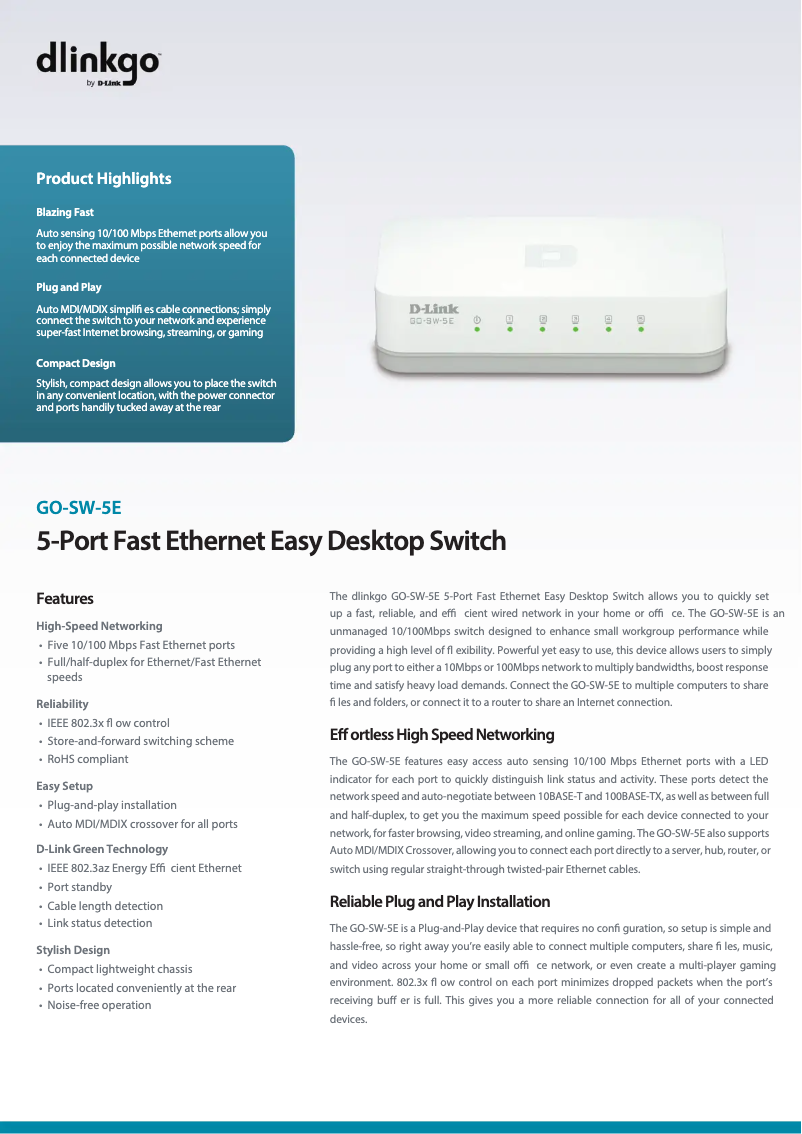 Page n°1 - Fiche technique D-Link GO-SW-5E
