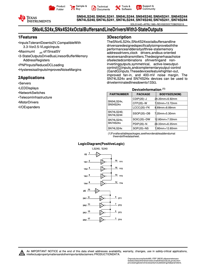 Page 1 de la notice Manuel utilisateur Texas Instruments SN74LS241DW