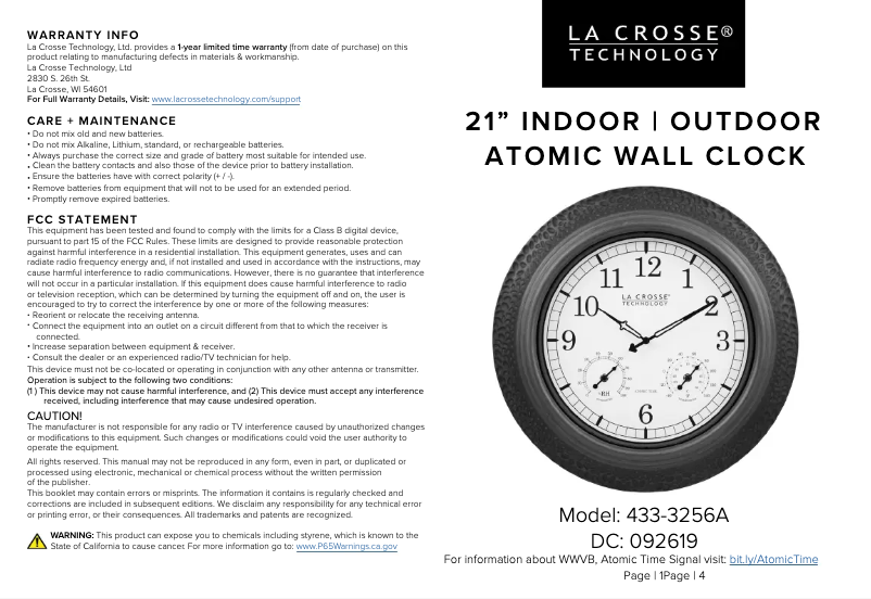 Page n°1 - Manuel utilisateur La Crosse Technology 433-3256A