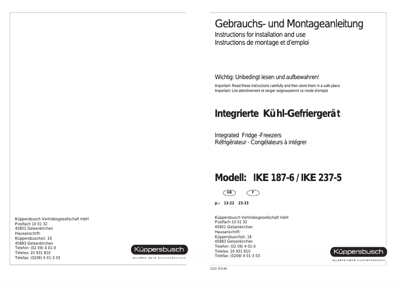 Page 1 de la notice Manuel utilisateur Küppersbusch IKE 187 6