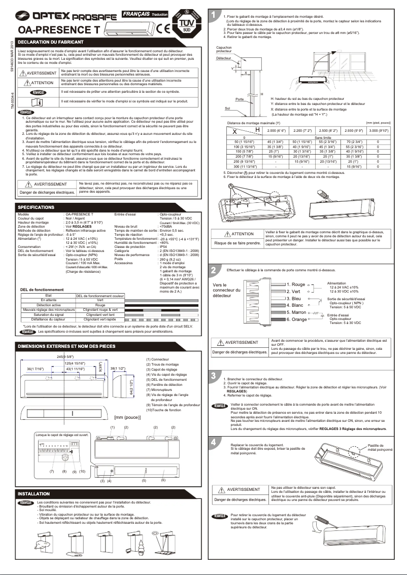 Page 1 de la notice Manuel utilisateur Optex OA-Presence T
