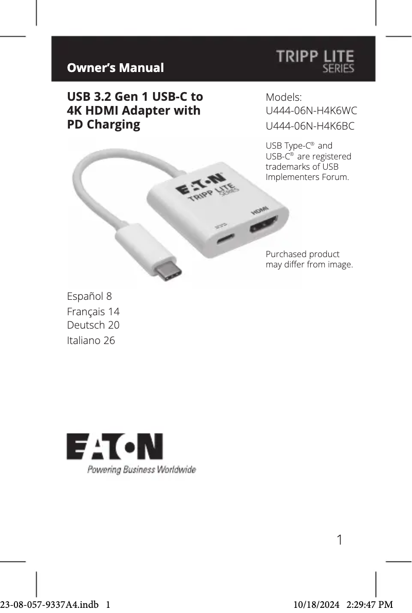 Página 1 del manual Manual de usuario Tripp Lite U444-06N-H4K6WC