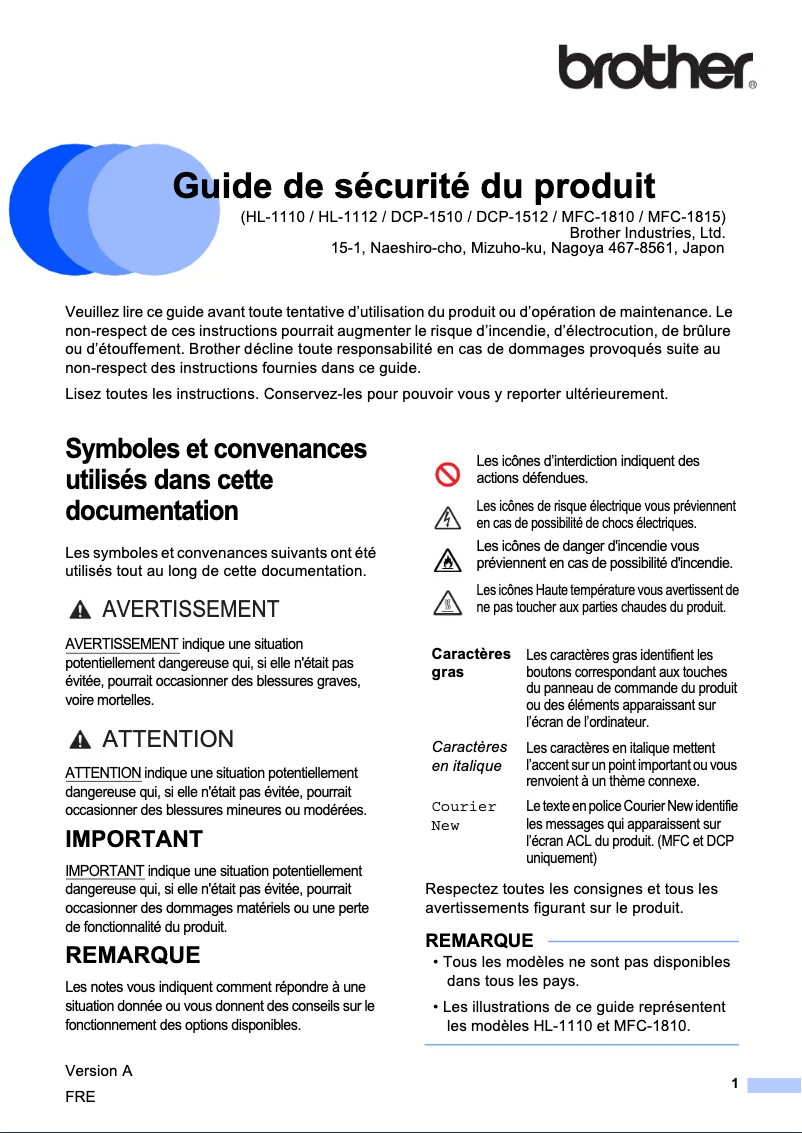 Page n°1 - Instructions de sécurité Brother MFC-1810