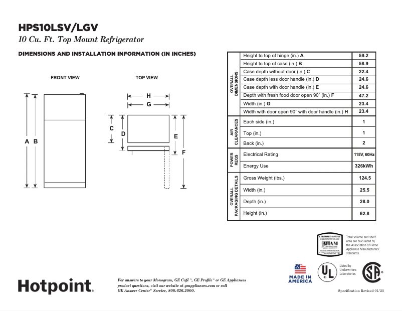 Page 1 de la notice Fiche technique Hotpoint HPS10LGVRBB