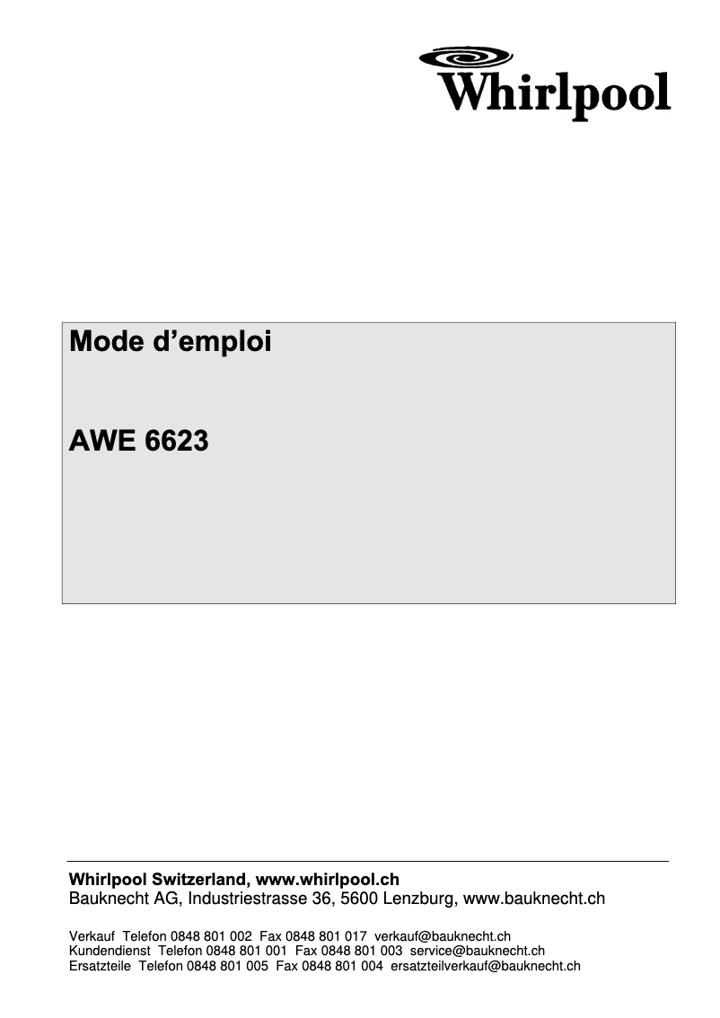 Page n°1 - Manuel utilisateur Whirlpool AWE 6623