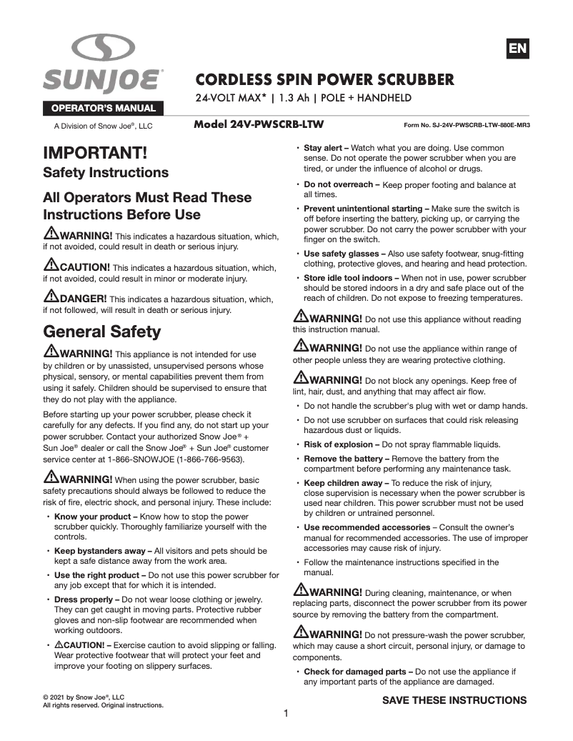 Page 1 de la notice Manuel utilisateur Sun Joe 24V-PWSCRB-LTW