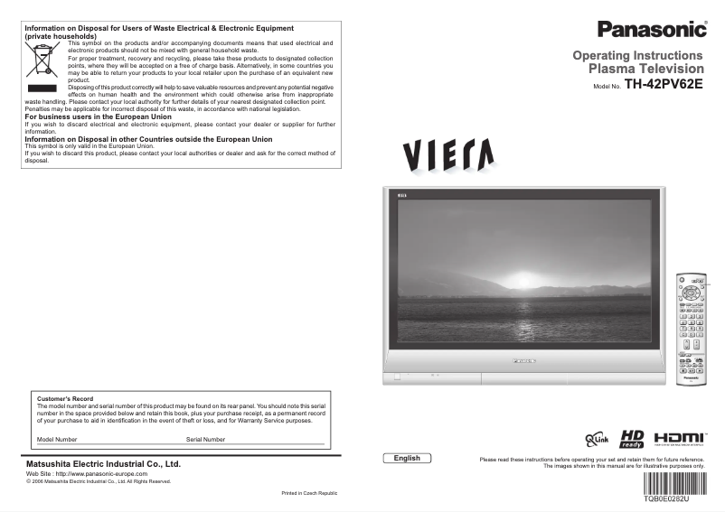 Image de la première page du manuel de l'appareil Viera TH-42PV62E