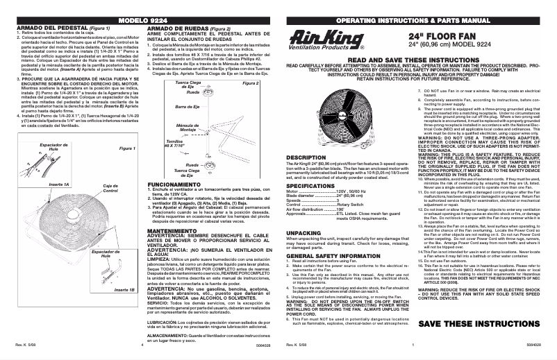 Page 1 de la notice Manuel utilisateur Air King 9224