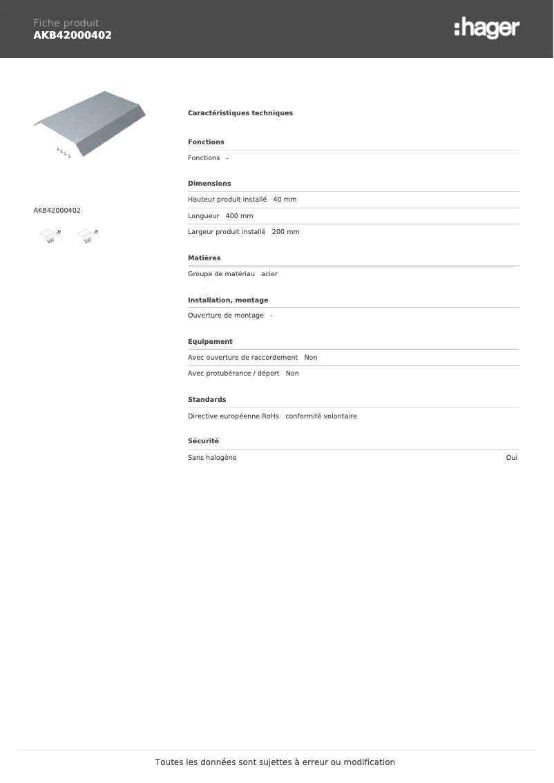 Page n°1 - Fiche technique Hager AKB42000402