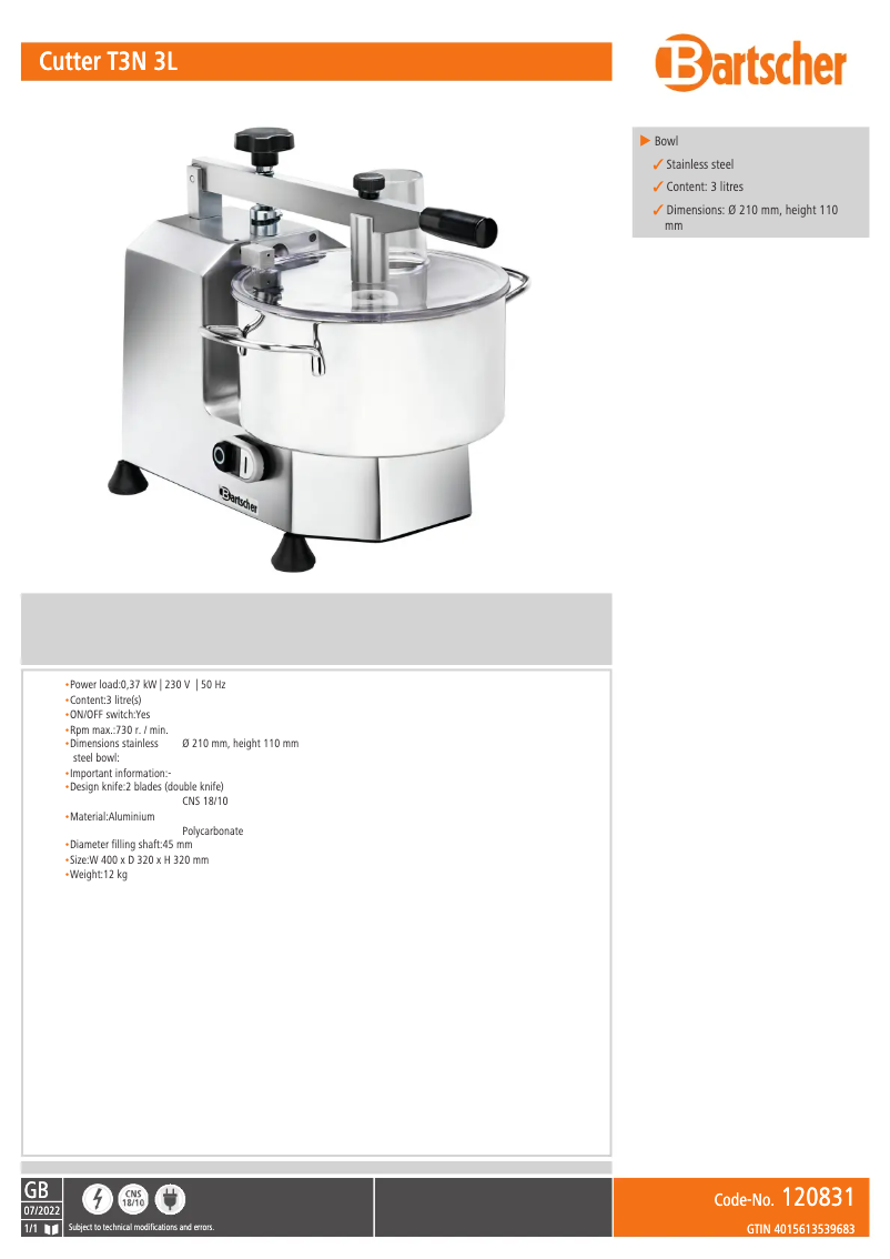 Page n°1 - Fiche technique Bartscher T3N 3L