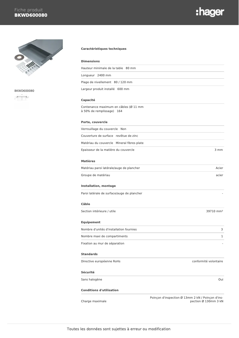 Page 1 de la notice Fiche technique Hager BKWD600080